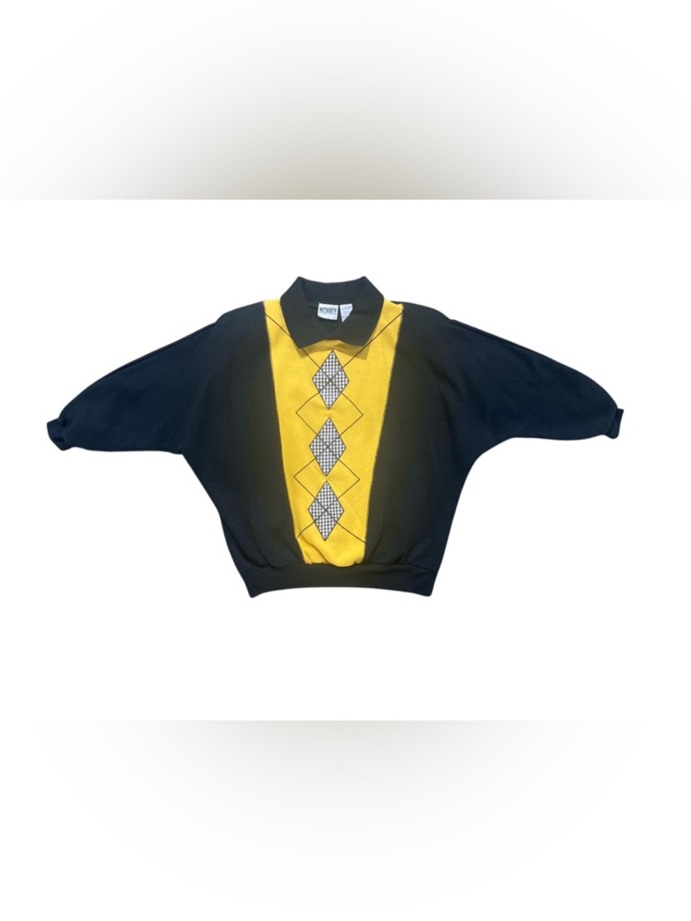 Vintage Koret Black Collard Pullover Sweatshirt with Yellow Diamond Panel Size M